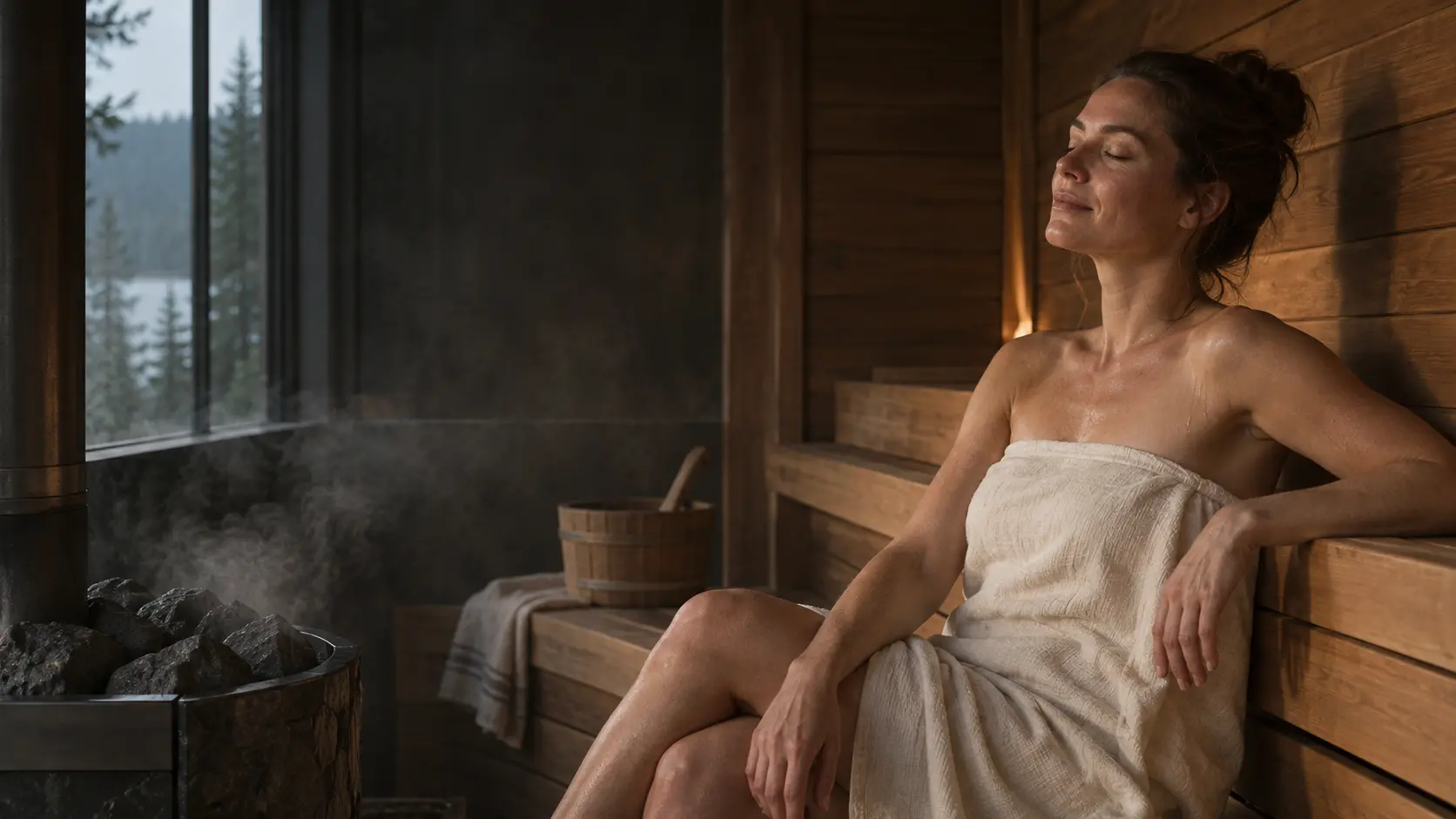 A woman enjoying a calm moment in a cedar sauna