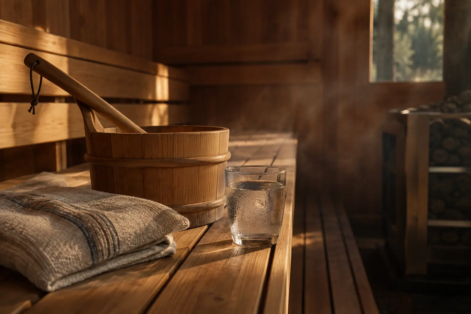 A linen towel, wooden bucket and glass of water on a cedar sauna bench